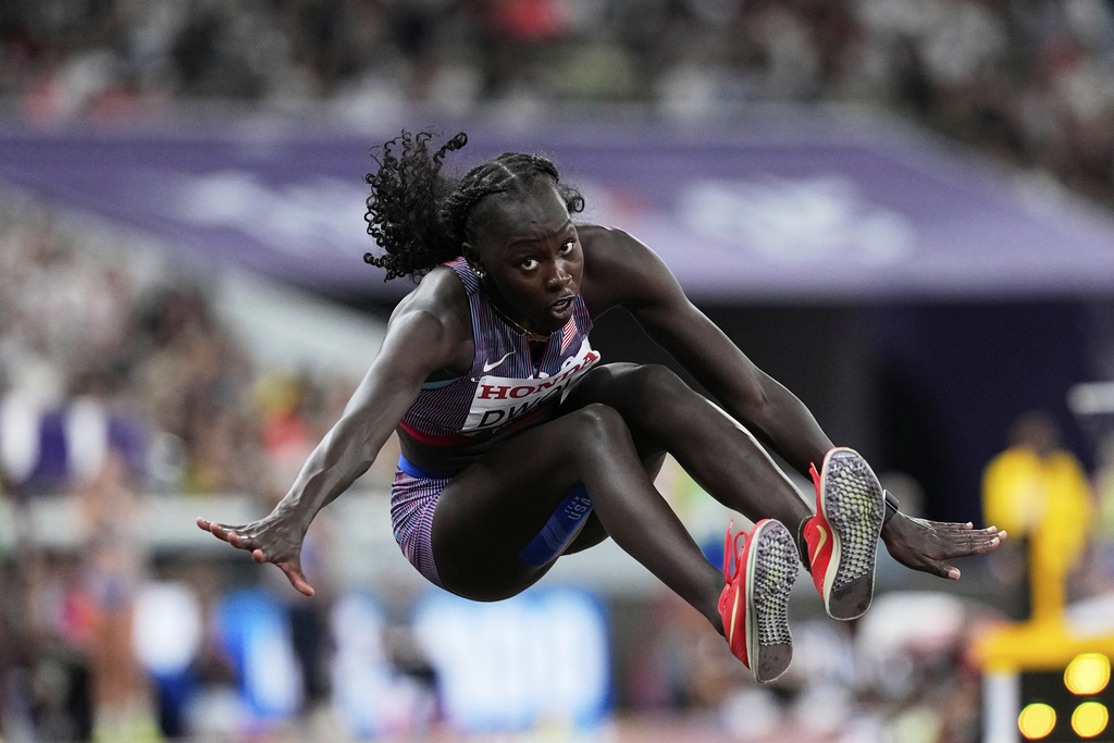 United States' Agur Dwol makes an attempt in the women's triple jump qualification at the World Athletics Championships in Tokyo, Tuesday, Sept. 16, 2025. (AP Photo/Matthias Schrader)
