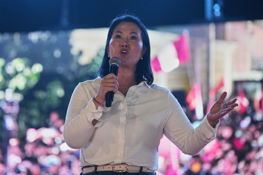Keiko Fujimori, presidential candidate of the Popular Force party, speaks at a rally in Huacho, Peru, Tuesday, June 2, 2026. (AP Photo/Guadalupe Pardo)