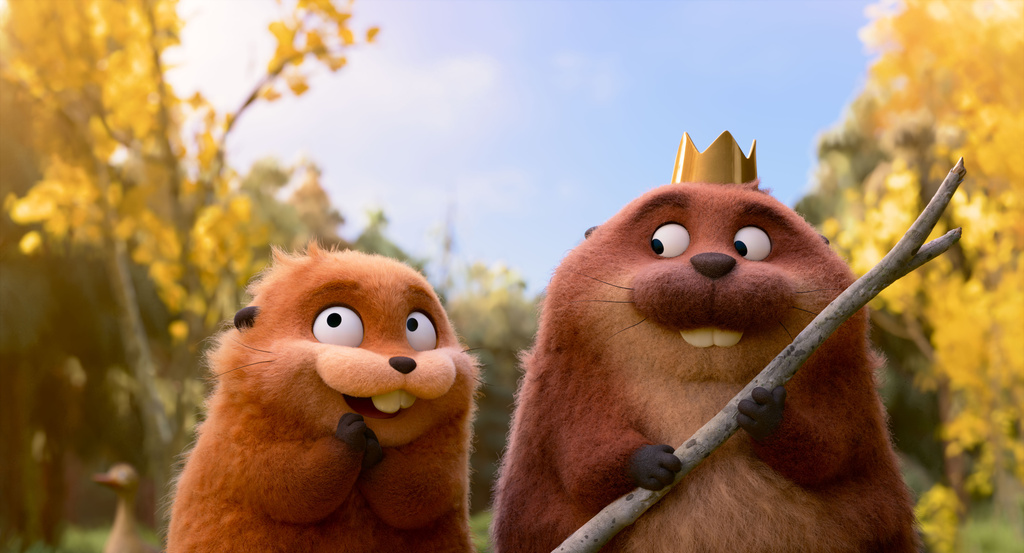 This image released by Disney shows Mabel Beaver, voiced by Piper Curda, left, and King George, voiced by Bobby Moynihan in a scene from the animated film "Hoppers." (Disney/Pixar via AP)