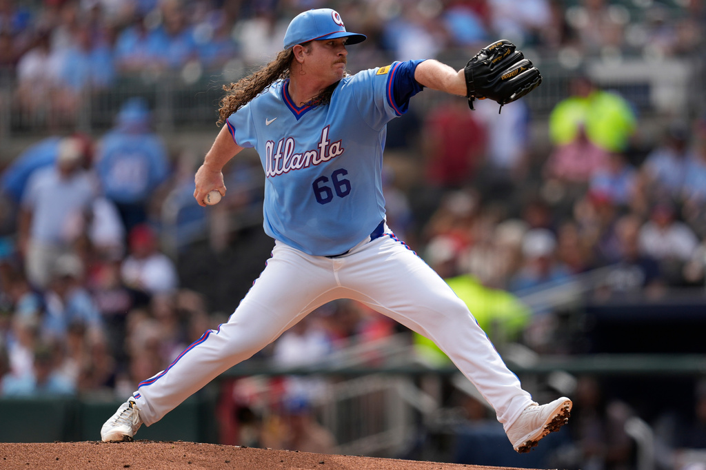 Atlanta Braves pitcher Grant Holmes works in the first inning of a baseball game against the Washington Nationals, Saturday, May 23, 2026, in Atlanta. (AP Photo/Mike Stewart)