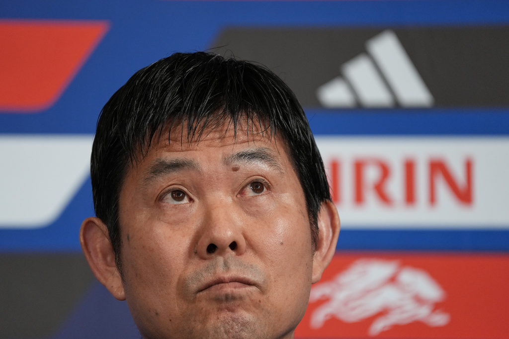 Hajime Moriyasu, head coach of Japan's national soccer team, attends a news conference announcing Japan's squad for the 2026 FIFA World Cup Friday, May 15, 2026, in Tokyo. (AP Photo/Eugene Hoshiko)