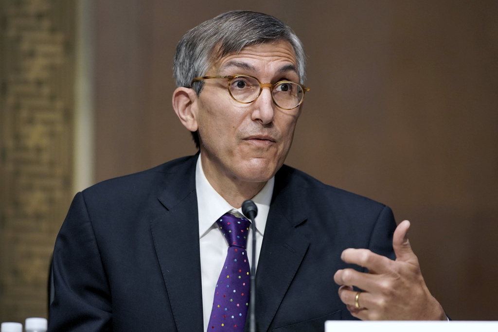 FILE - Dr. Peter Marks, Director of the Center for Biologics Evaluation and Research within the Food and Drug Administration testifies during a Senate Health, Education, Labor, and Pensions hearing to examine an update from Federal officials on efforts to combat COVID-19, Tuesday, May 11, 2021 on Capitol Hill in Washington. (Jim Lo Scalzo/Pool via AP, File)