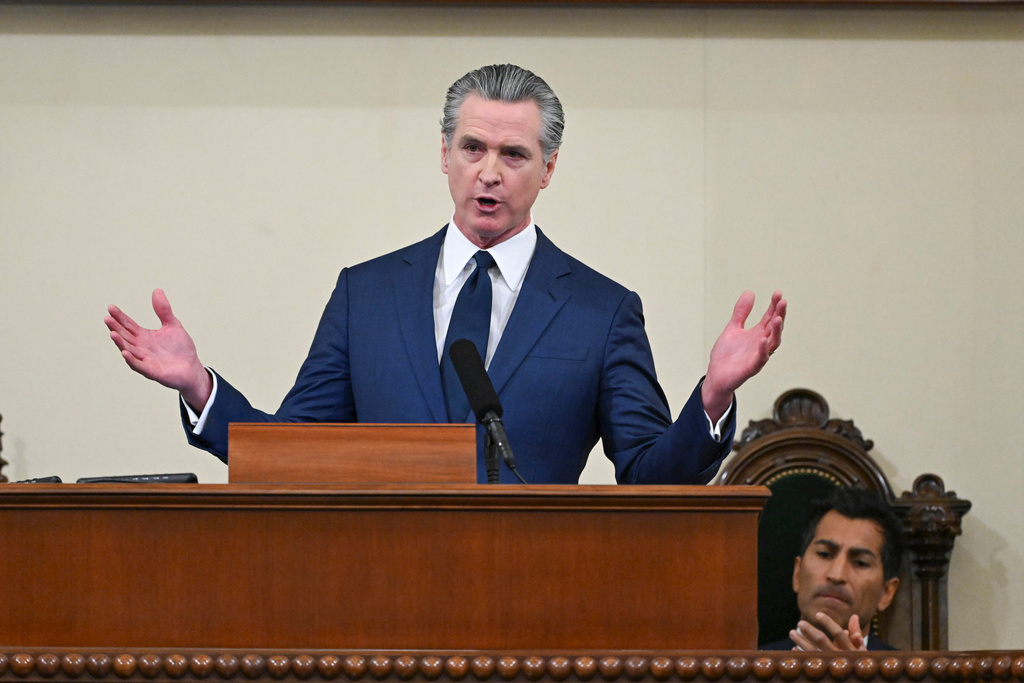 Gov. Gavin Newsom gives his State of the State address at the State Capitol on Thursday, Jan. 8, 2026, in Sacramento, Calif. (Hector Amezcua/The Sacramento Bee via AP, Pool)
