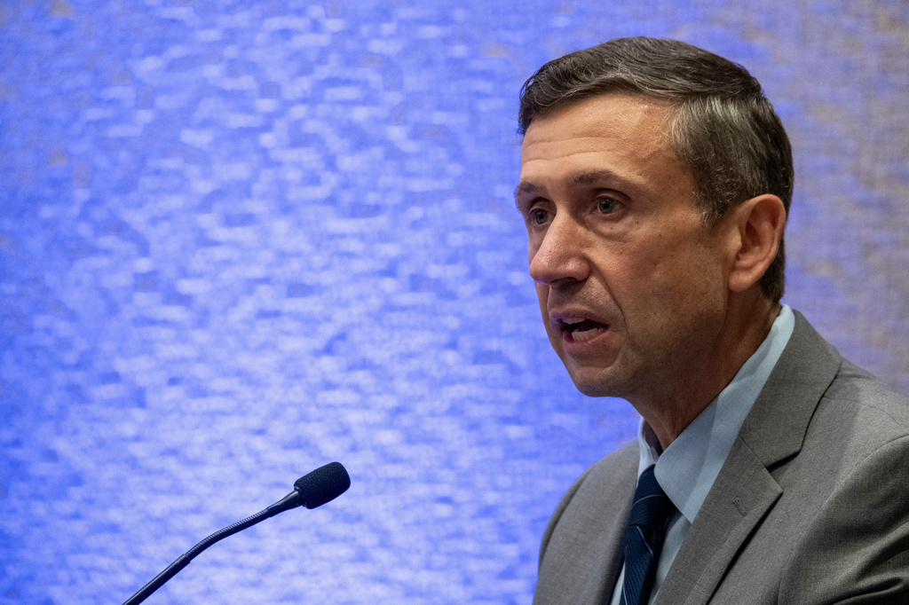 Democratic National Committee Chair Ken Martin speaks during a Labor Council meeting as part of the DNC Summer Meeting, Thursday, Aug. 13, 2026, in Austin, Texas. (AP Photo/Joel Angel Juarez)
