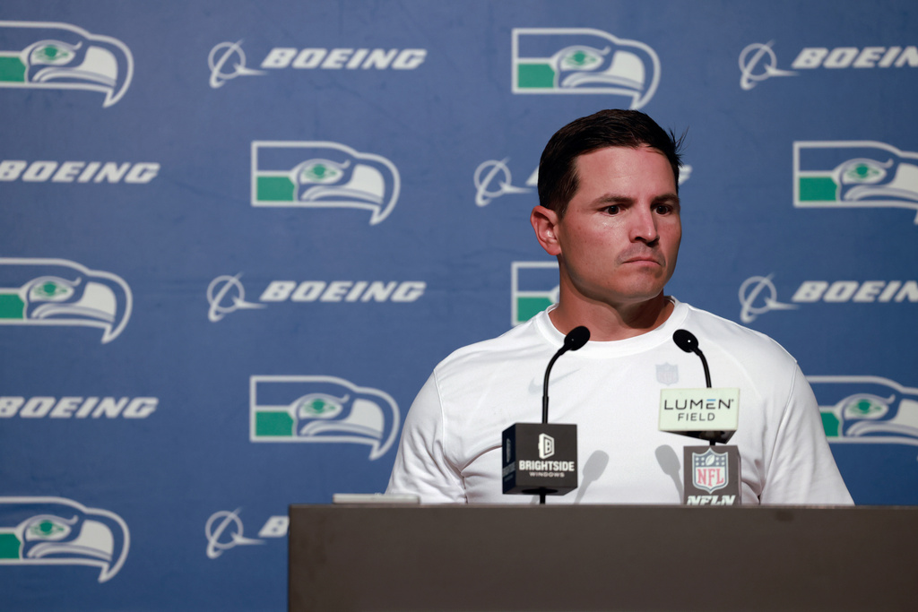 Seattle Seahawks head coach Mike Macdonald speaks during a news conference after an NFL football game against the Tampa Bay Buccaneers, Sunday, Oct. 5, 2025, in Seattle. (AP Photo/Maddy Grassy)