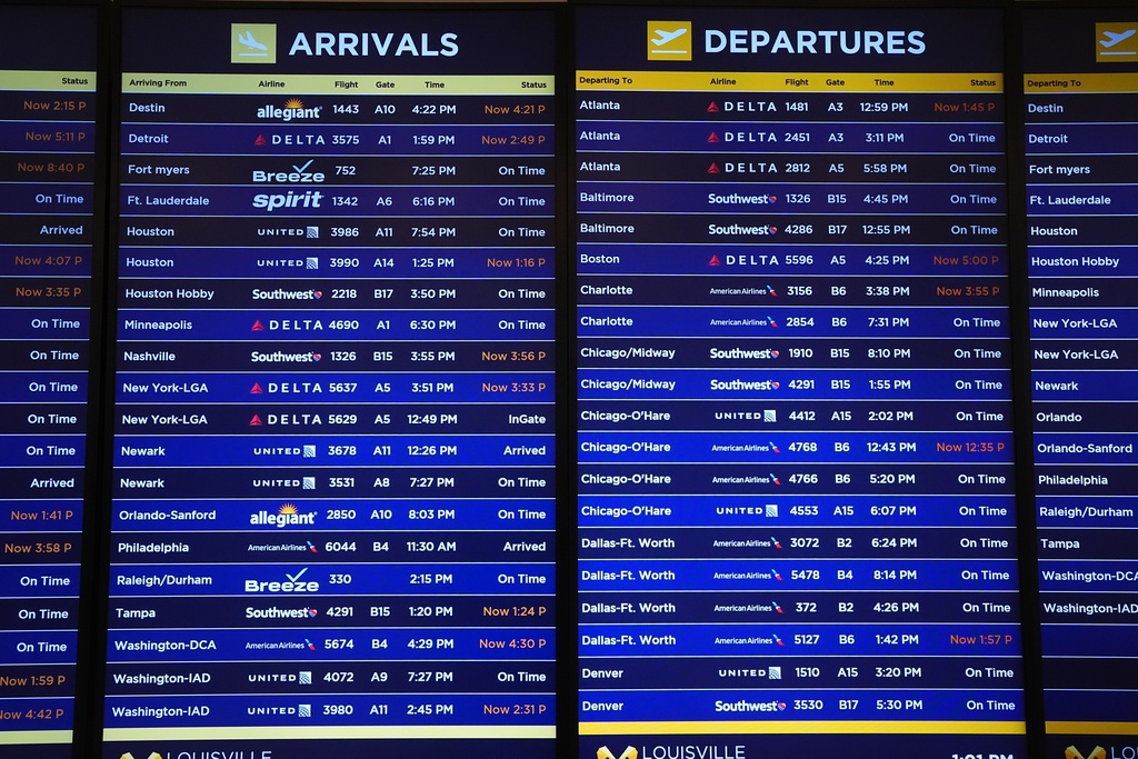 A board showing arrivals and departures of flights is displayed at Louisville Muhammad Ali International Airport, Thursday, Nov. 6, 2025, in Louisville, Ky. (AP Photo/Darron Cummings)