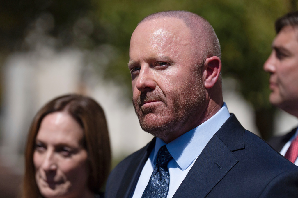 Mathew Bowyer, who pled guilty a year ago to running an illegal gambling business, money laundering and filing a false tax return, speaks at a news conference outside federal court, Friday, Aug. 29, 2025, in Santa Ana, Calif., following his sentencing to 12 months and one day in prison. (AP Photo/Jae C. Hong)