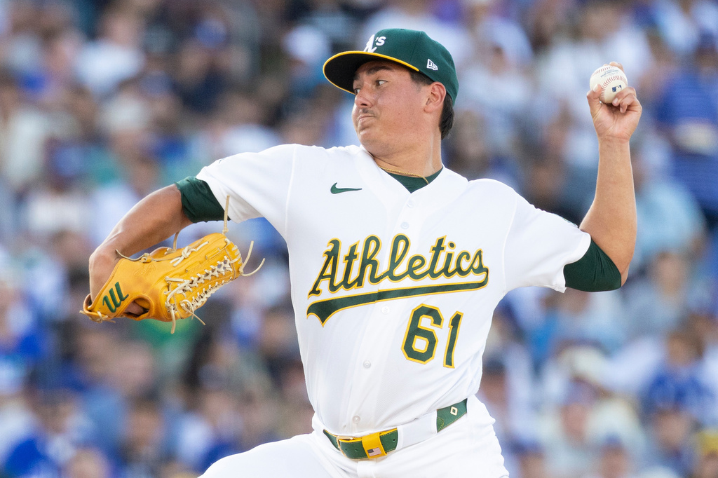 Athletics pitcher Gage Jump throws to the Los Angeles Dodgers during the second inning of a baseball game Monday, June 29, 2026, in West Sacramento, Calif. (AP Photo/Sara Nevis)