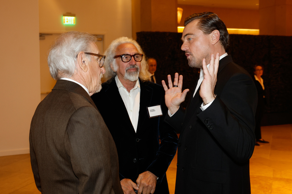 Steven Spielberg, from left, George DiCaprio, and Leonardo DiCaprio attend the 98th Academy Awards Oscar nominees luncheon on Tuesday, Feb. 10, 2026, at the Beverly Hilton Hotel in Beverly Hills, Calif. (Photo by Caroline Brehman/Invision/AP)