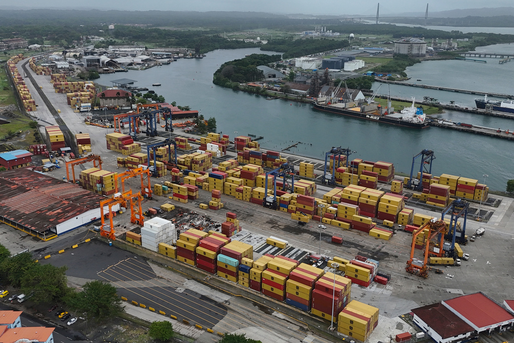 An aerial view of argo containers stacked at the Cristobal port, operated by the Panama Ports Company, in Colon, Panama, Friday, Feb. 6, 2026. (AP Photo/Matias Delacroix)