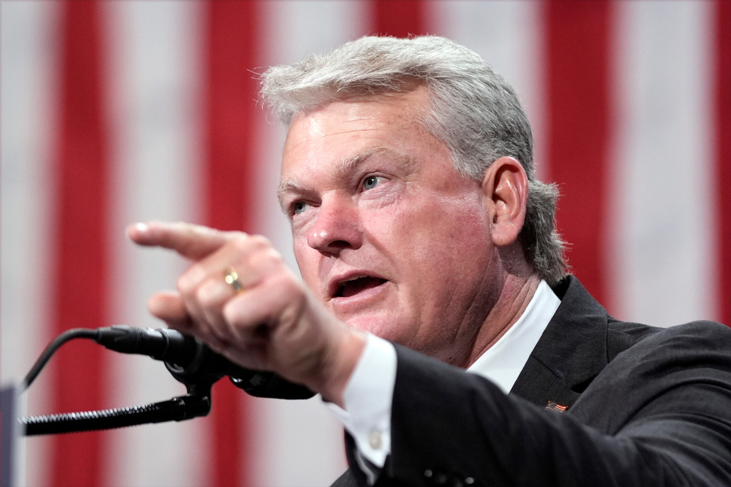 FILE - Rep. Mike Collins, R-Ga., speaks at the Cobb Energy Performing Arts Centre, Oct. 15, 2024, in Atlanta. (AP Photo/Alex Brandon, File)