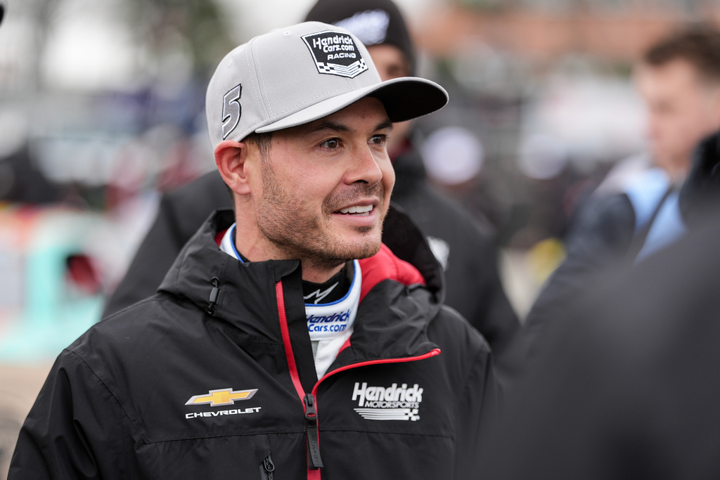 FILE - Kyle Larson looks on prior to NASCAR's The Clash preseason auto race at Bowman Gray Stadium, Wednesday, Feb. 4, 2026, in Winston-Salem, N.C. (AP Photo/Matt Kelley, File)
