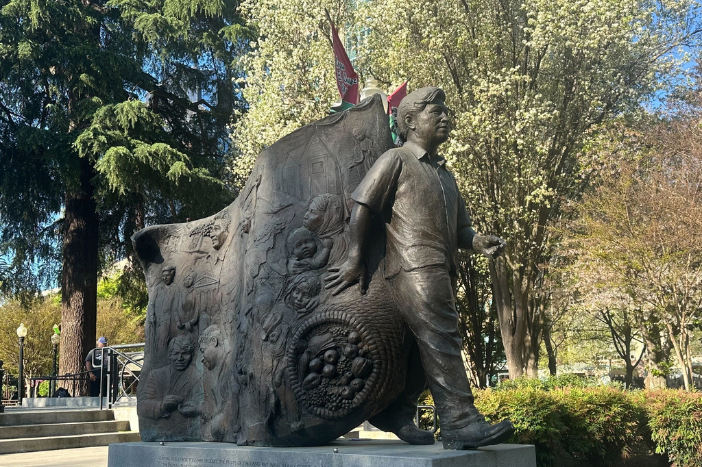 A statue of farmworker union leader César Chávez stands in a plaza named after him in Sacramento, Calif., Wednesday, March 18, 2026. (AP Photo/Tran Nguyen)
