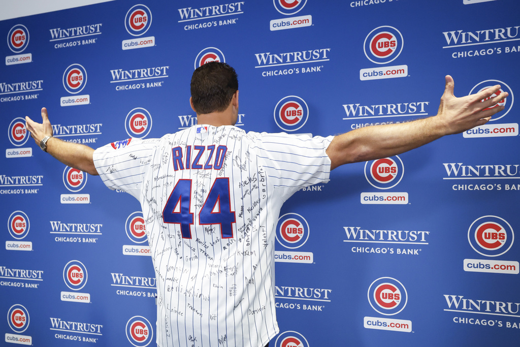 Former Chicago Cubs player Anthony Rizzo poses for a photo after speaking during a press conference before a baseball game between the Chicago Cubs and Tampa Bay Rays, Saturday, Sept. 13, 2025, in Chicago. (AP Photo/Kamil Krzaczynski)