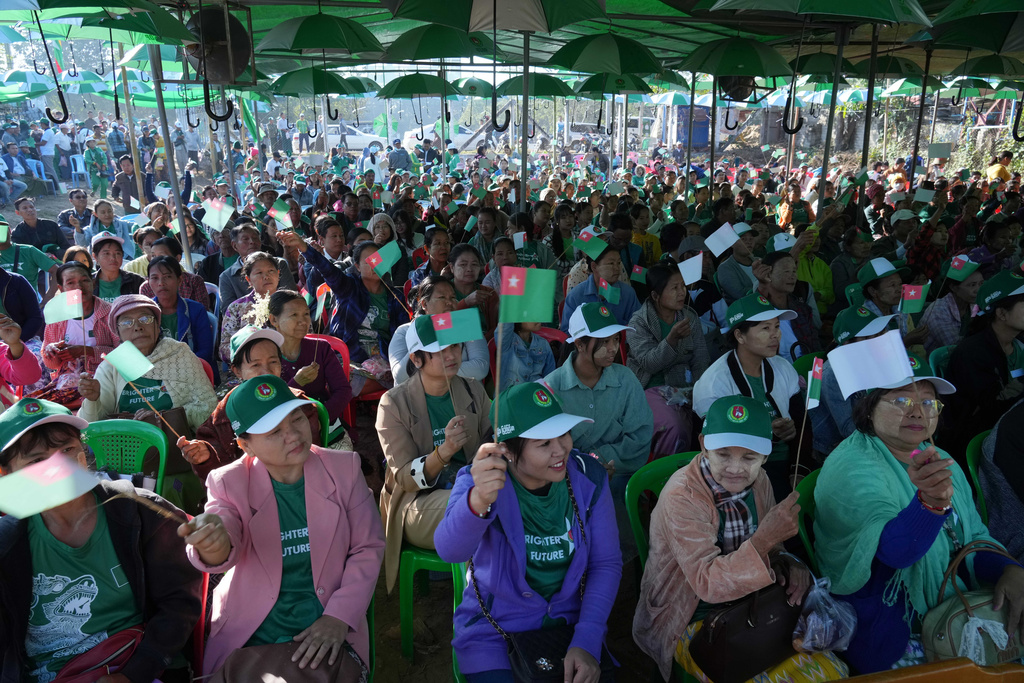 Supporters of the military-backed Union Solidarity and Development Party (USDP) gather for the final day of campaign for the first phase of a general election in Naypyitaw, Myanmar, Friday, Dec. 26, 2025. (AP Photo/Aung Shine Oo)