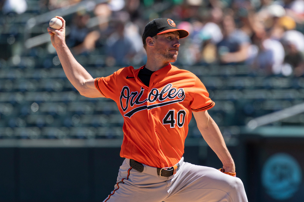 Baltimore Orioles pitcher Chris Bassitt throws to the Athletics during the third inning of a baseball game Sunday, Aug. 30, 2026, in West Sacramento, Calif. (AP Photo/Sara Nevis)