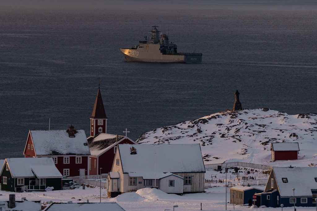 FILE - Military vessel HDMS Knud Rasmussen of the Royal Danish Navy patrols near Nuuk, Greenland, on Thursday, Jan. 15, 2026. (AP Photo/Evgeniy Maloletka, File)