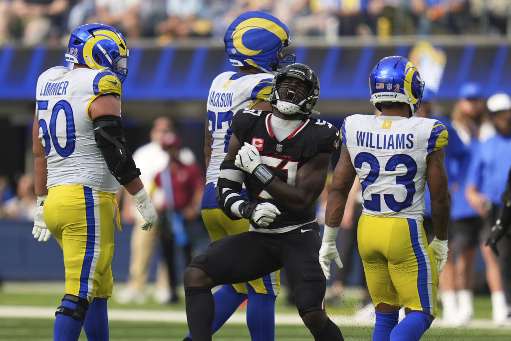 Houston Texans defensive end Will Anderson Jr. (51) reacts after sacking Los Angeles Rams quarterback Matthew Stafford during the second half of an NFL football game, Sunday, Sept. 7, 2025, in Inglewood, Calif. (AP Photo/Gregory Bull)