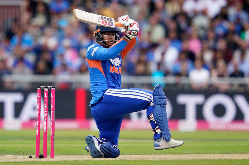 India's Vaibhav Sooryavanshi bats during the T20 cricket match between England and India in Manchester, England, Saturday, July 4, 2026. (AP Photo/Dave Thompson)