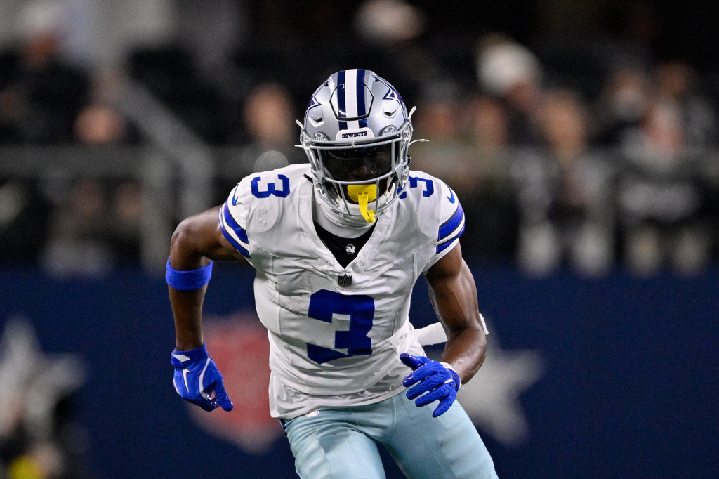 FILE - Dallas Cowboys wide receiver George Pickens (3) runs a route during an NFL football game between the Dallas Cowboys and the Minnesota Vikings, Dec. 14, 2025, in Arlington, Texas. (AP Photo/Jerome Miron, File)