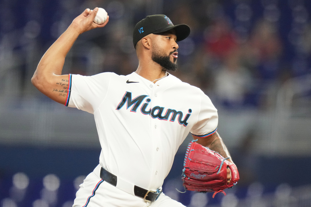 Miami Marlins starting pitcher Sandy Alcantara throws during the first inning of a baseball game against the Philadelphia Phillies, Tuesday, July 28, 2026, in Miami. (AP Photo/Lynne Sladky)