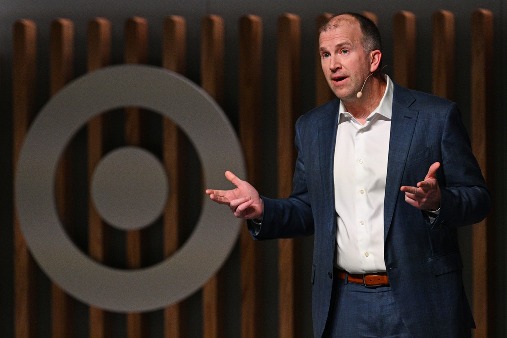 Target CEO Michael Fiddelke speaks at Target's Financial Community Meeting at Target headquarters in Minneapolis, Tuesday, March 3, 2026. (AP Photo/Tom Baker)