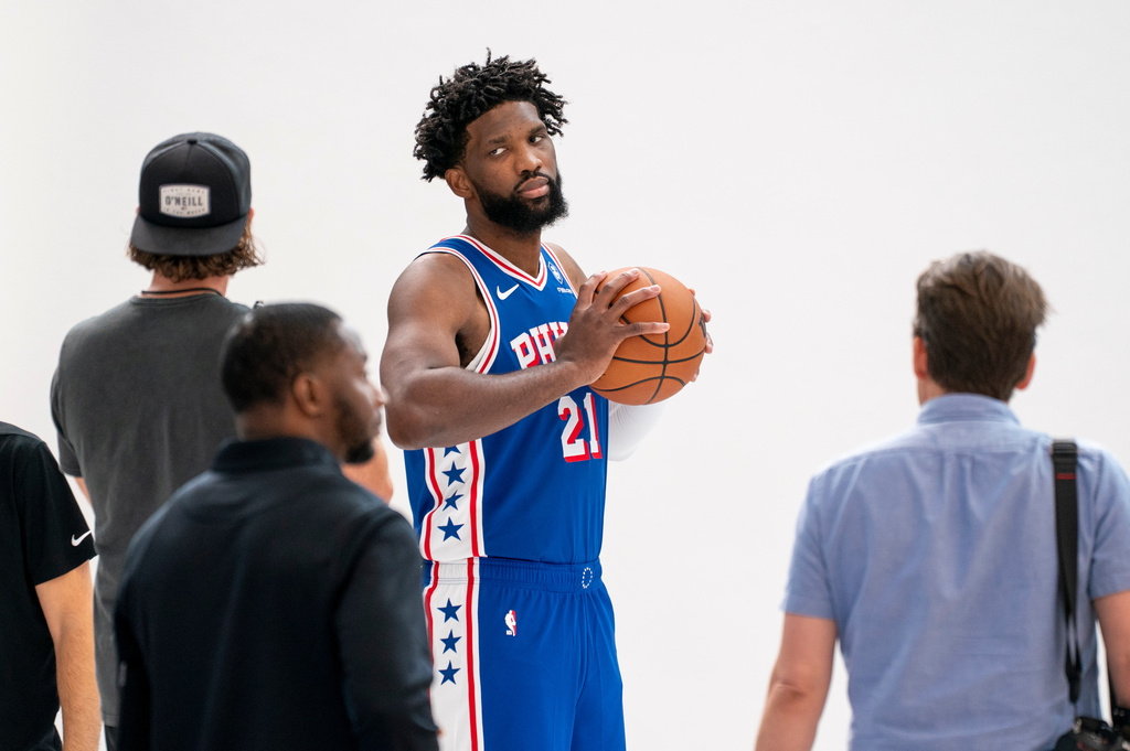 Philadelphia 76ers' Joel Embiid pose for photos during the NBA basketball team's media day, Friday, Sept. 26, 2025, in Camden, N.J. (AP Photo/Chris Szagola)