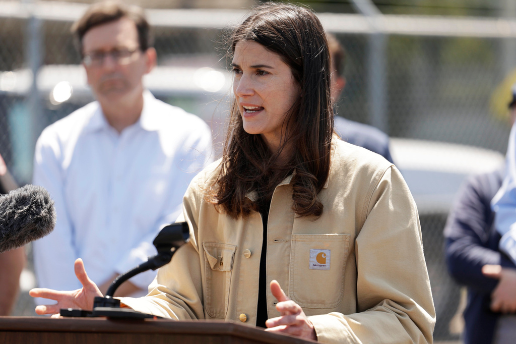 FILE - Rep. Marie Gluesenkamp Perez, D-Wash., speaks during a news conference, Wednesday, May 27, 2026, regarding the implosion of a Nippon Dynawave Packaging Co. tank containing hazardous liquid in Longview, Wash. (Karen Ducey/The Seattle Times via AP, File)