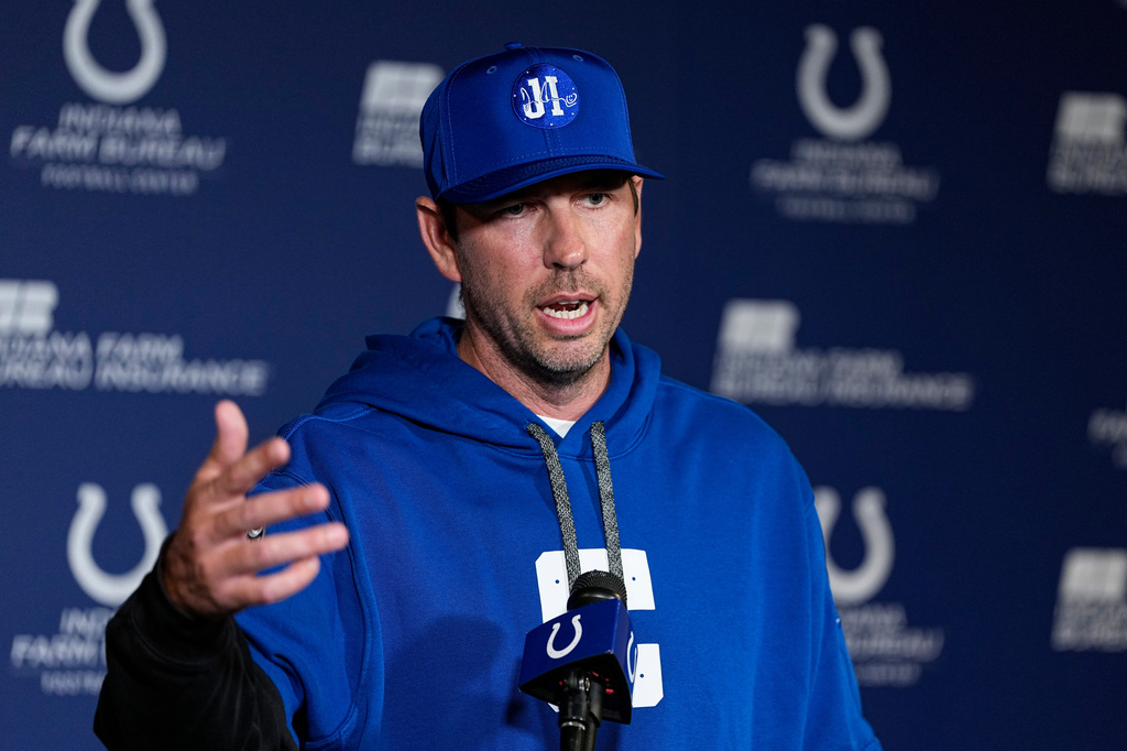 FILE - Indianapolis Colts head coach Shane Steichen speaks before the NFL football team's practice in Indianapolis, June 9, 2026. (AP Photo/Michael Conroy, File)