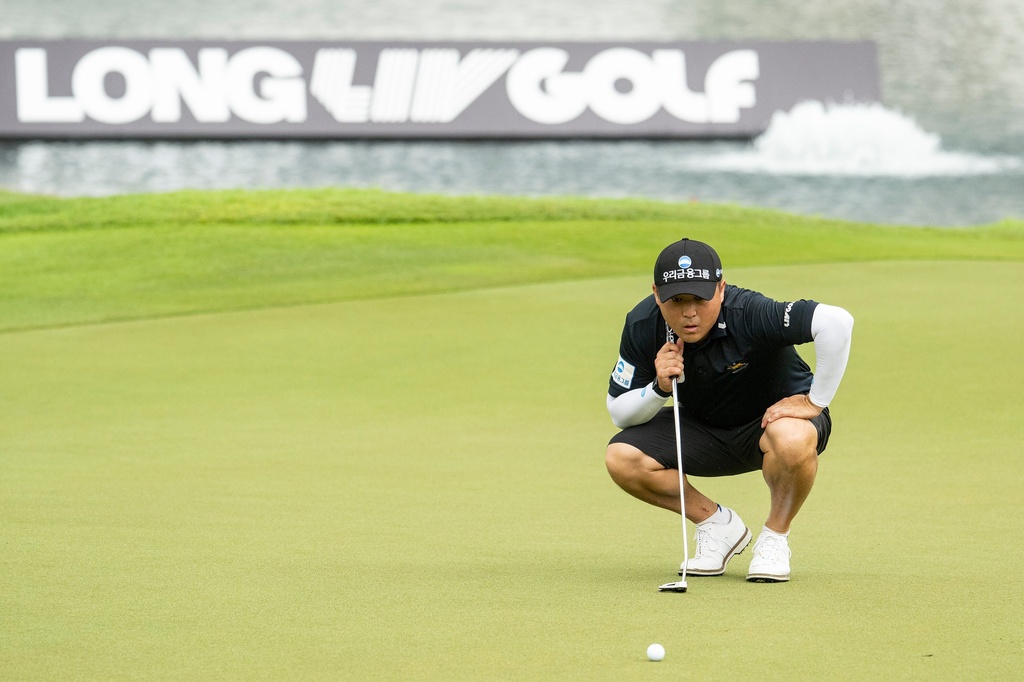 Wild Card, Richard T. Lee, looks on from the 18th green during the final round of Aramco LIV Golf Singapore on Sunday, March 15, 2026 in Sentosa, Singapore. (Charles Laberge/LIV Golf via AP)