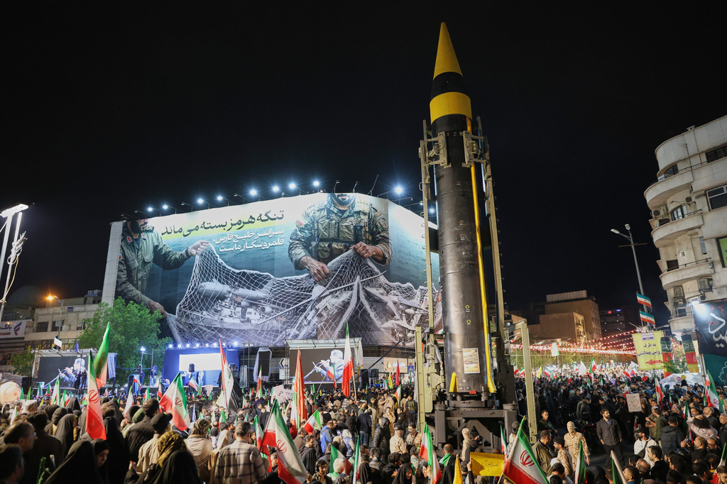 A ballistic missile is displayed by Iran's Revolutionary Guard during a pro-government demonstration at Enqelab-e-Eslami (Islamic Revolution) Square in downtown Tehran, Iran, Tuesday, April 21, 2026. (Alireza Masoumi/ISNA via AP)