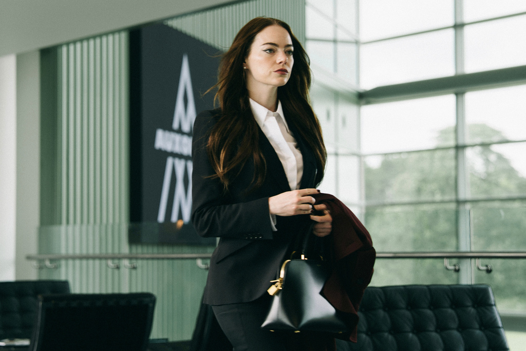 This image released by Focus Features shows Emma Stone in a scene from "Bugonia." (Atsushi Nishijima/Focus Features via AP)