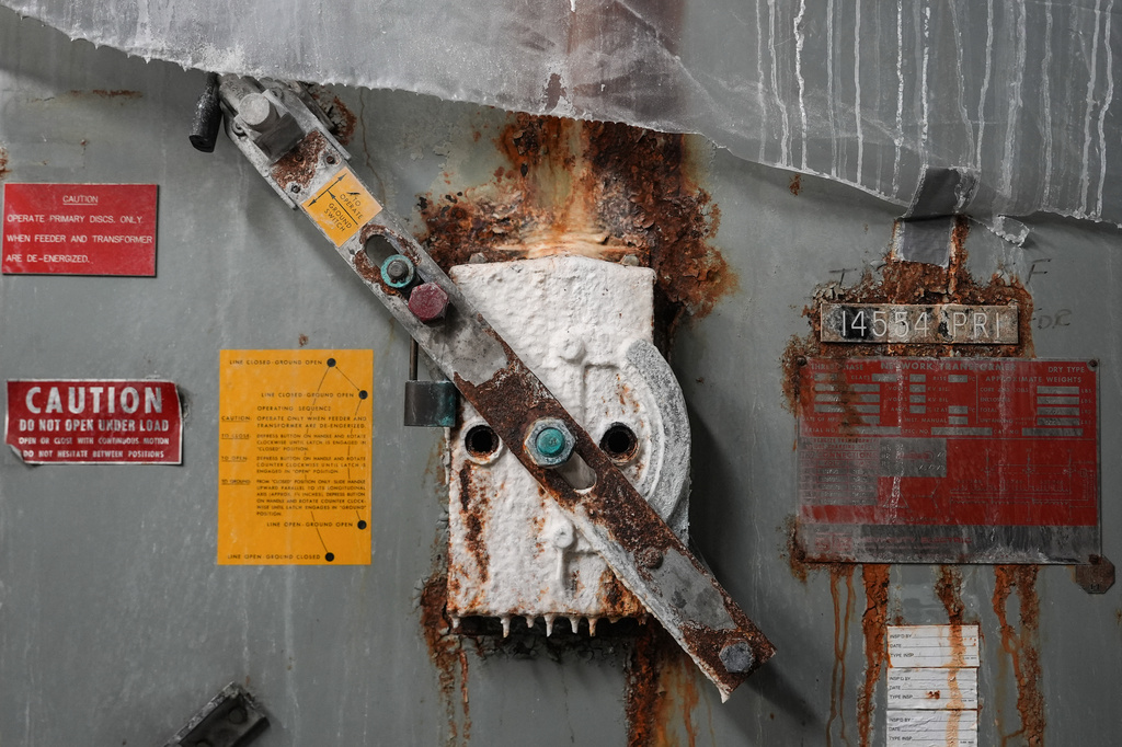 Water damage in the concert hall electric room is seen at the John F. Kennedy Center for the Performing Arts during a media tour, Wednesday, April 22, 2026, in Washington. (AP Photo/Julia Demaree Nikhinson)
