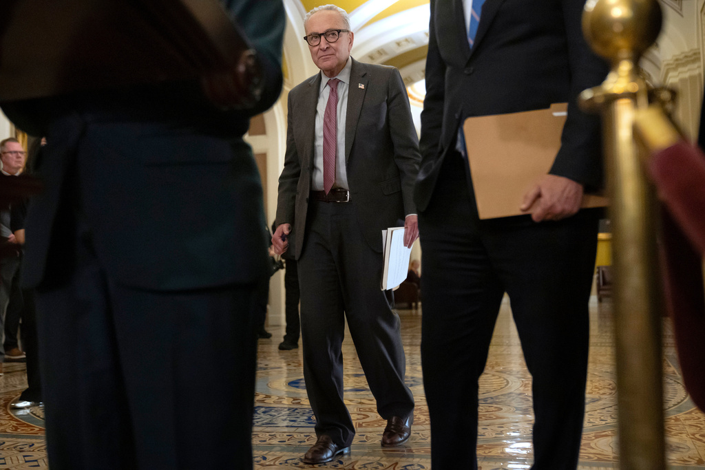 Senate Minority Leader Chuck Schumer, of N.Y., stands as his Senate colleagues speak with reporters following a closed-door meeting of Senate Democrats on Capitol Hill, Tuesday, Nov. 4, 2025, in Washington. (AP Photo/Mark Schiefelbein)