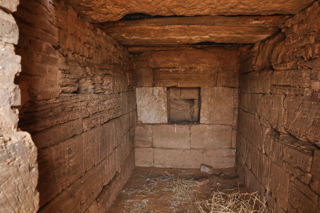 The burial chamber is inside a pyramid at the Meroe archaeological site in Bejrawiya, Sudan, Saturday, Aug. 1, 2026. (AP Photo/Mohnd Blal)