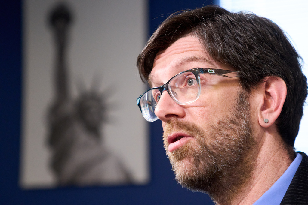 Simon Sandoval-Moshenberg, a lawyer on Kilmar Abrego Garcia's legal team who specializes in federal immigration cases, is interviewed in Fairfax, Va., Monday, Dec. 15, 2025. (AP Photo/Jacquelyn Martin)