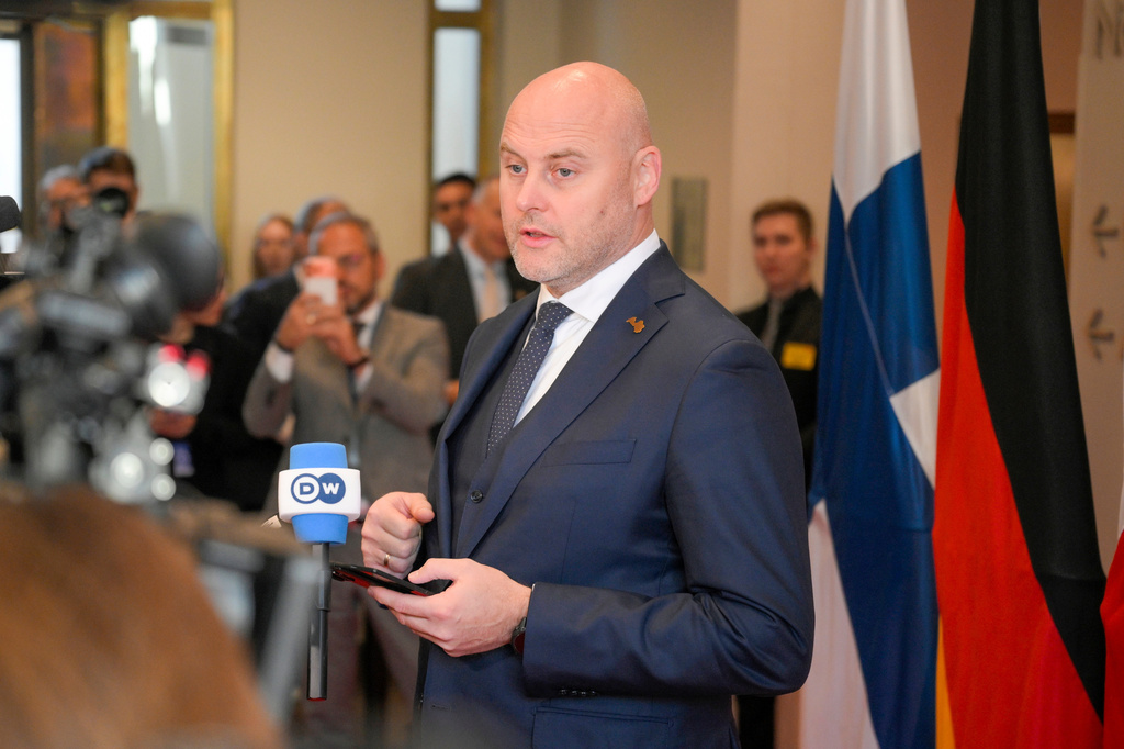 Prime Minister of Latvia Andris Kulbergs speaks to the media during the European Arctic Summit in Rovaniemi, Finland, Monday, Sept. 14, 2026. (Jouni Porsanger/Lehtikuva via AP)