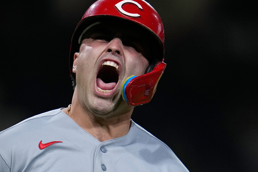 Cincinnati Reds' Sal Stewart celebrates after hitting a two-run home run during the eleventh inning of a baseball game against the San Diego Padres Tuesday, June 9, 2026, in San Diego. (AP Photo/Gregory Bull)