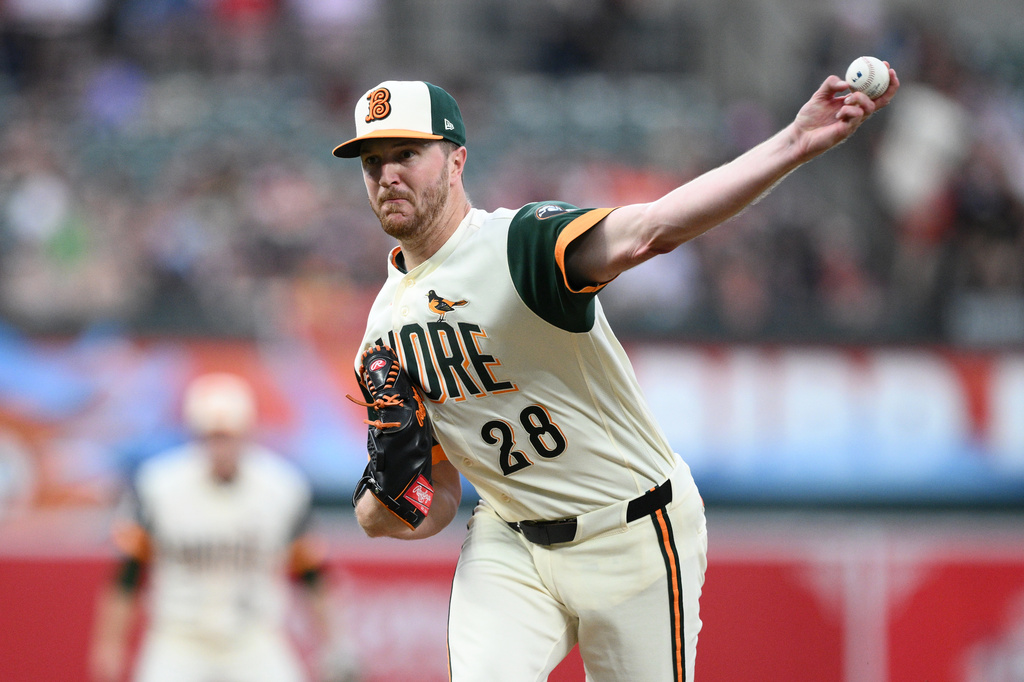 Baltimore Orioles pitcher Trevor Rogers throws during the third inning of a baseball game against the Washington Nationals, Friday, June 26, 2026, in Baltimore. (AP Photo/Nick Wass)