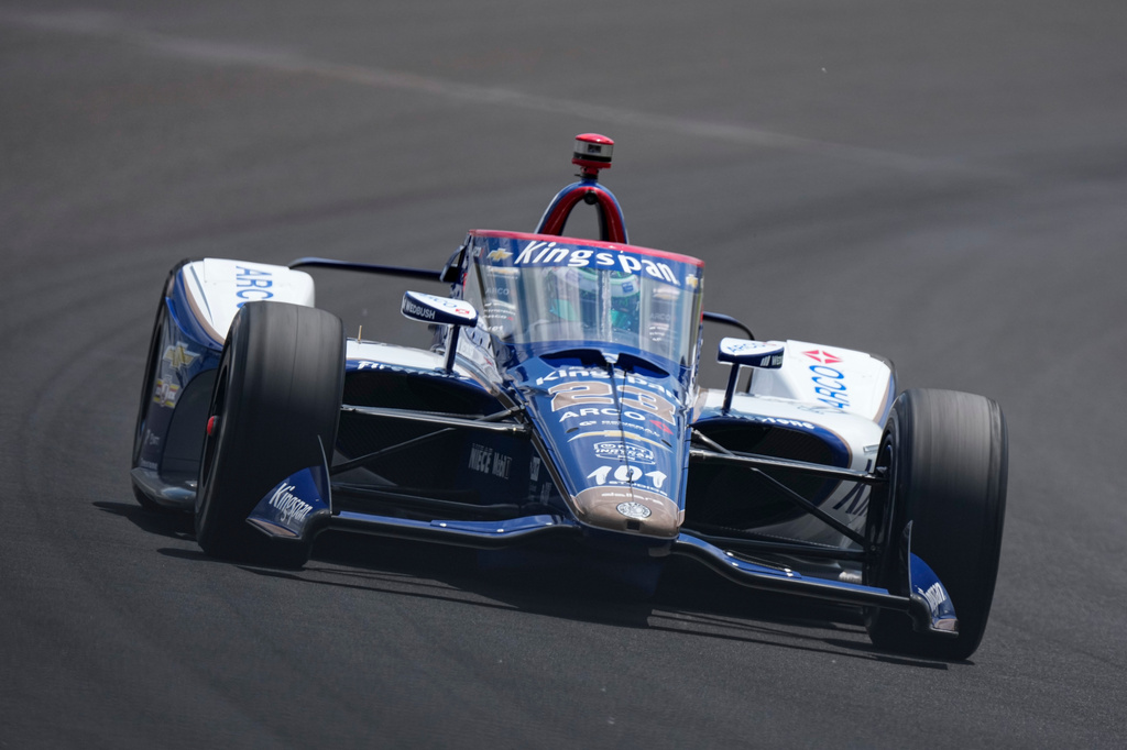 Conor Daly drives through the third turn during qualifications for the Indianapolis 500 auto race at the Indianapolis Motor Speedway in Indianapolis, Sunday, May 17, 2026. (AP Photo/Michael Conroy)