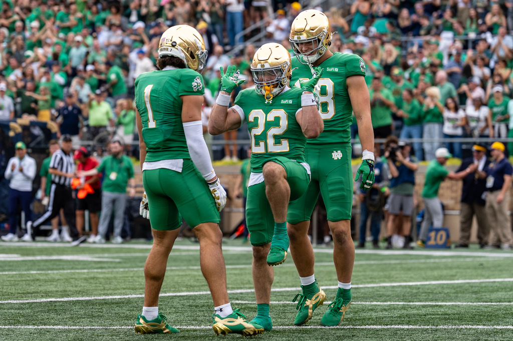 Notre Dame running back Aneyas Williams (22) celebrates scoring a touchdown during the first half of an NCAA college football game against Stanford, Saturday, Oct. 10, 2026, in South Bend, Ind. (AP Photo/Paul Barnick)