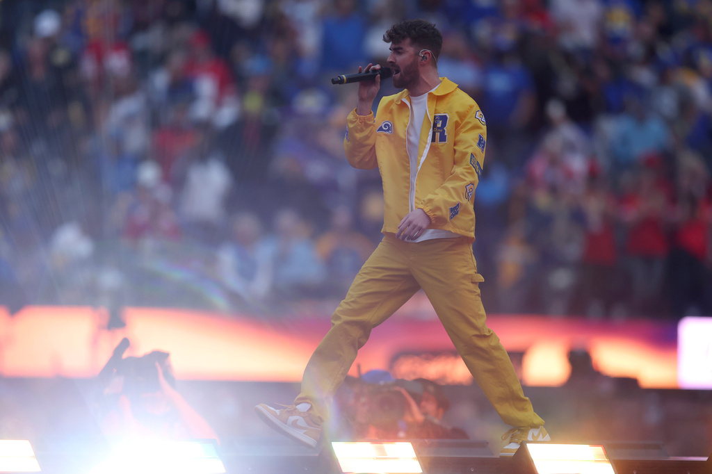 FILE - The Chainsmokers perform during halftime of the NFC Championship NFL football game between the Los Angeles Rams and the San Francisco 49ers Sunday, Jan. 30, 2022, in Inglewood, Calif. (AP Photo/Jed Jacobsohn, File)