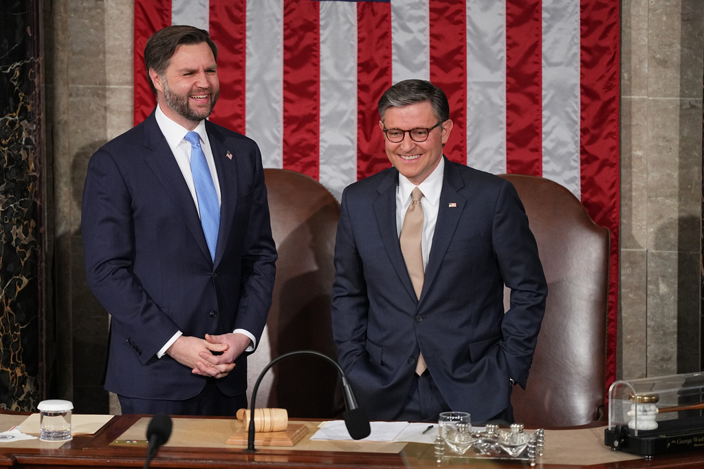 Vice President JD Vance and House Speaker Mike Johnson of La., arrive before President Donald Trump delivers the State of the Union address to a joint session of Congress in the House chamber at the U.S. Capitol in Washington, Tuesday, Feb. 24, 2026. (AP Photo/Matt Rourke)