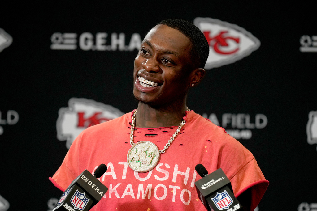 Kansas City Chiefs wide receiver Xavier Worthy speaks during a news conference following an NFL football game against the Baltimore Ravens Sunday, Sept. 28, 2025, in Kansas City, Mo. (AP Photo/Charlie Riedel)