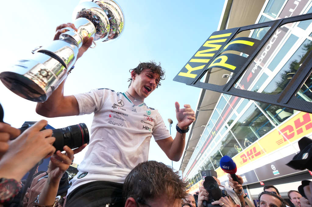Mercedes driver Mercedes driver Andrea Kimi Antonelli of Italy celebrates after winning the Italian Formula One Grand Prix race, in Monza, Italy, Sunday, Sept. 6, 2026. (AP Photo/Antonio Calanni)