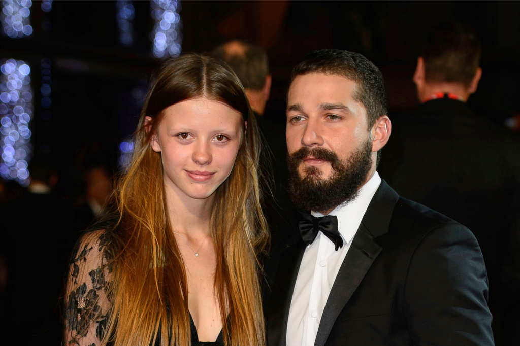 FILE - Mia Goth, left, and Shia LaBeouf appear at the premiere of the film "Fury," during the BFI London Film Festival, in central London, on Oct. 19, 2014. (Photo by Jonathan Short/Invision/AP, File)