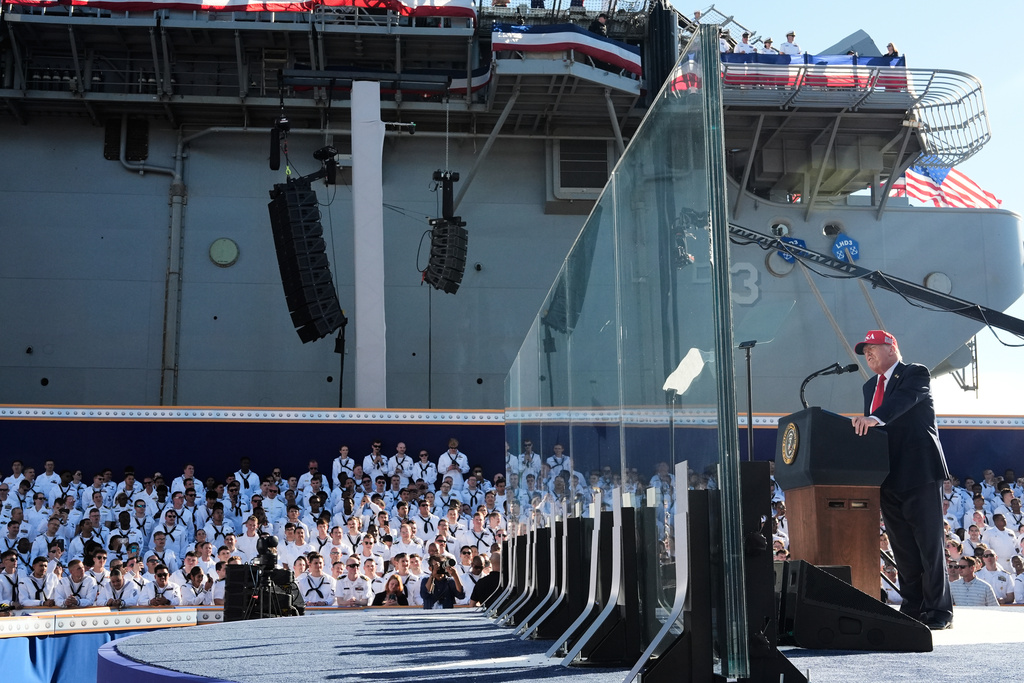 President Donald Trump speaks during a celebration for the 250th anniversary of the U.S. Navy aboard the USS Harry S. Truman at Naval Station Norfolk, Sunday Oct. 5, 2025 in Norfolk, Va. (AP Photo/Alex Brandon)