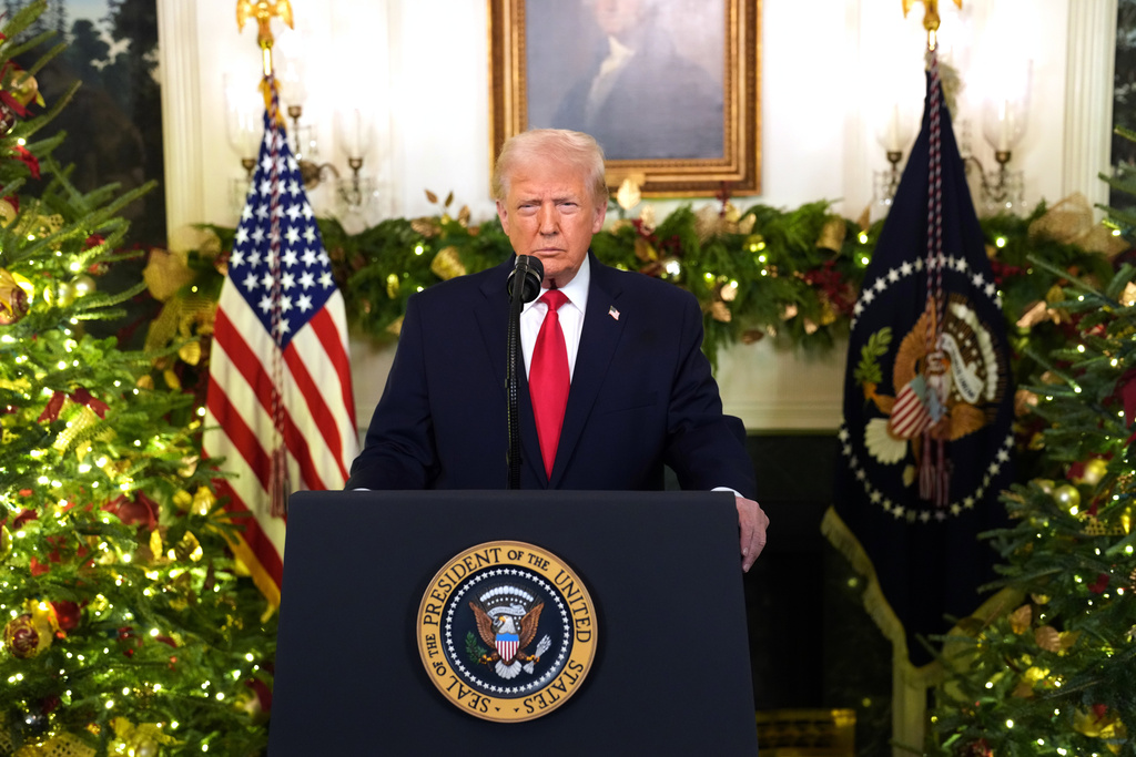 President Donald Trump speaks during an address to the nation from the Diplomatic Reception Room at the White House, Wednesday, Dec. 17, 2025, in Washington. (Doug Mills/The New York Times via AP, Pool)