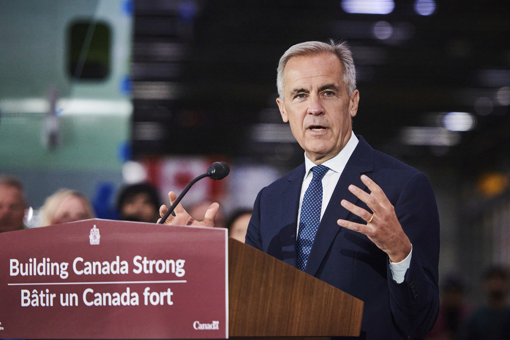 Prime Minister Mark Carney speaks at a press conference in Mississauga, Ont., on Friday, Sept. 5, 2025. (Sammy Kogan /The Canadian Press via AP)