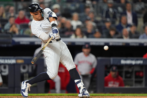 New York Yankees Aaron Judge connects for an RBI single against the Boston Red Sox during the fifth inning of Game 2 of an American League wild-card baseball playoff series, Wednesday, Oct. 1, 2025, in New York. (AP Photo/Frank Franklin II) New York Yankees Aaron Judge connects for an RBI single against the Boston Red Sox during the fifth inning of Game 2 of an American League wild-card baseball playoff series, Wednesday, Oct. 1, 2025, in New York. (AP Photo/Frank Franklin II)